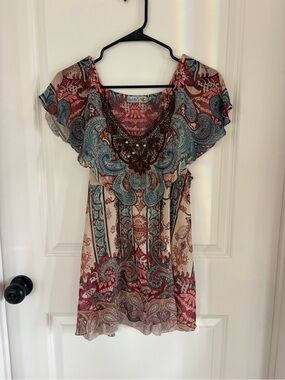 Unity World Wear Paisley Tunic with Crochet Neckline - Blue, Red, Cream, Tan
